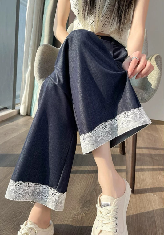 牛仔蕾絲拼接褲