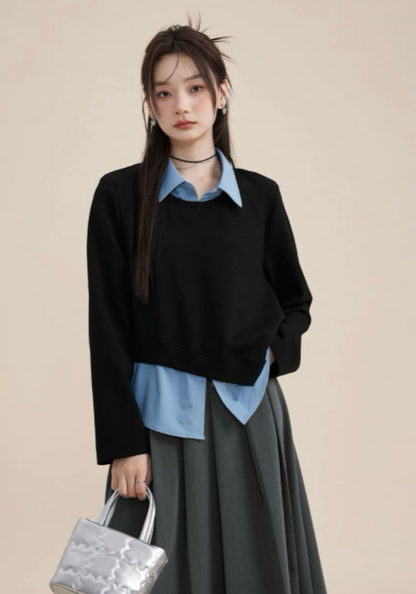 黑藍假兩件上衣