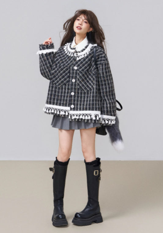 黑白格流蘇外套