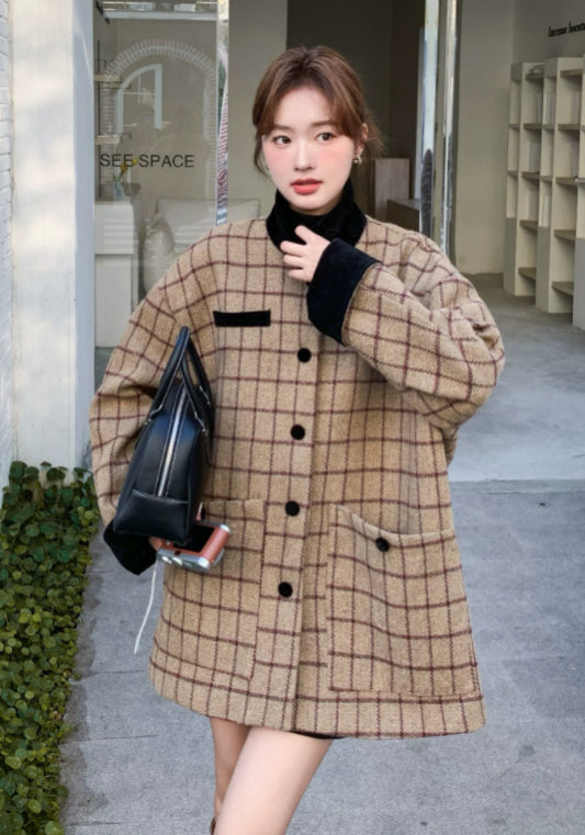 卡其格仔羊毛外套