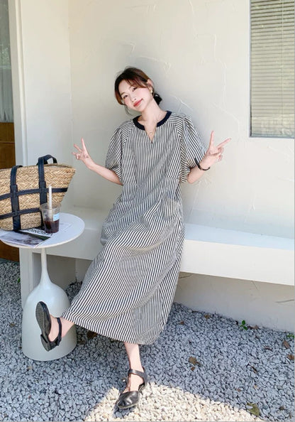 泡泡袖條紋裙