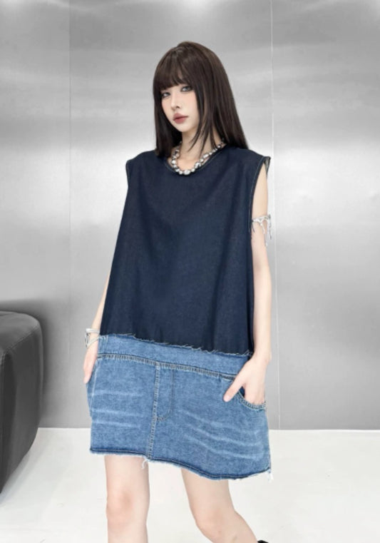 牛仔拼接背心裙