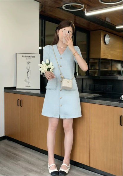 藍色小香風連衣裙