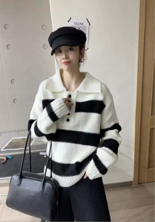 Polo領條紋毛衣