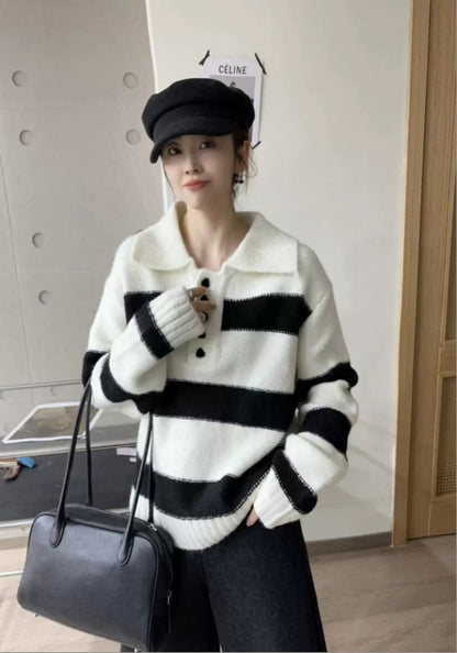 Polo領條紋毛衣