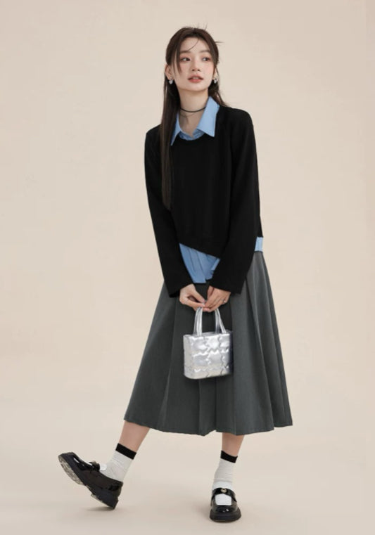 黑藍假兩件上衣