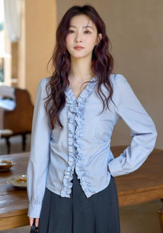 藍條紋花邊襯衫