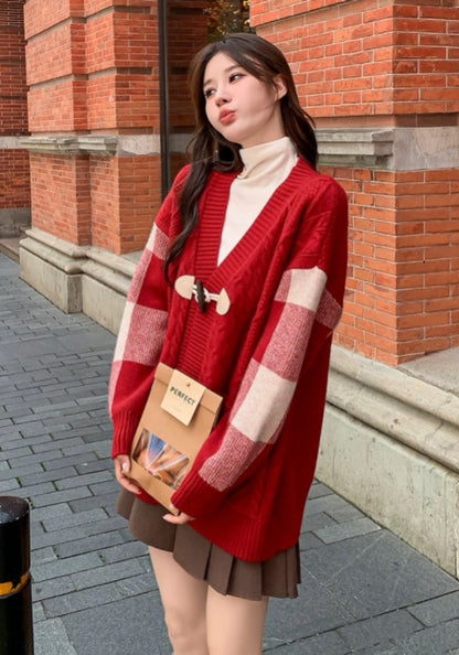 紅色牛角扣開衫