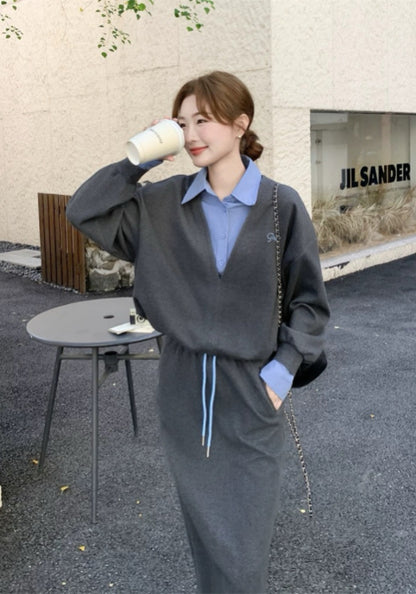 Faux two-piece V-neck suit