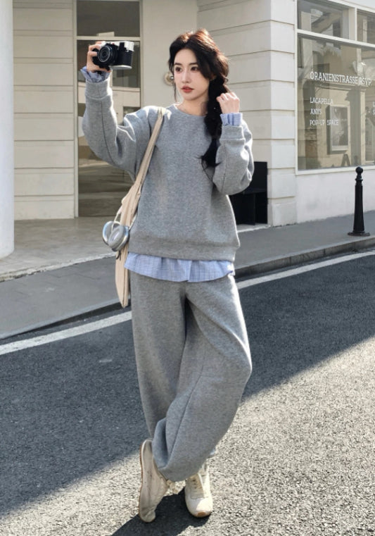 灰藍拼接衛衣套裝