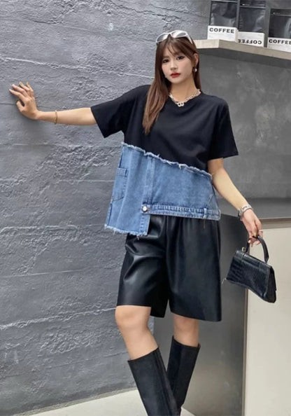 牛仔拼接上衣