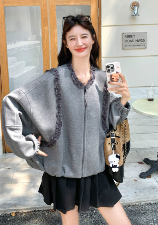 灰色木耳邊衛衣外套