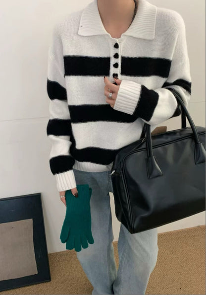 Polo領條紋毛衣