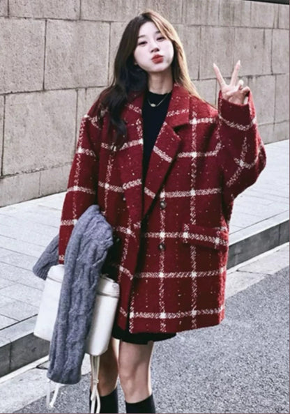 紅格仔毛呢外套