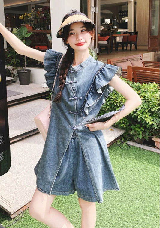 牛仔花邊斜扣套裝