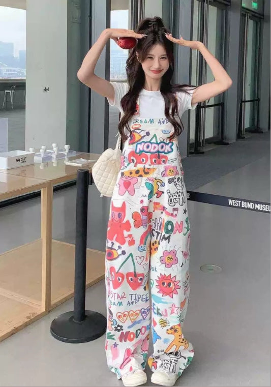 彩色塗鴉背帶褲