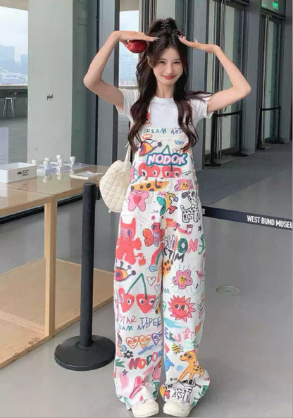 彩色塗鴉背帶褲