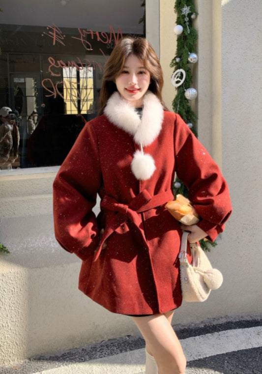 紅色毛領羊毛羽絨外套