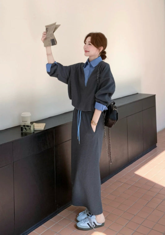 Faux two-piece V-neck suit