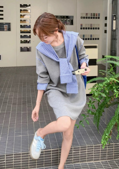 灰色藍格衛衣裙
