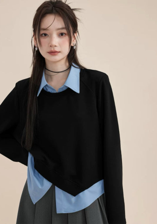 黑藍假兩件上衣