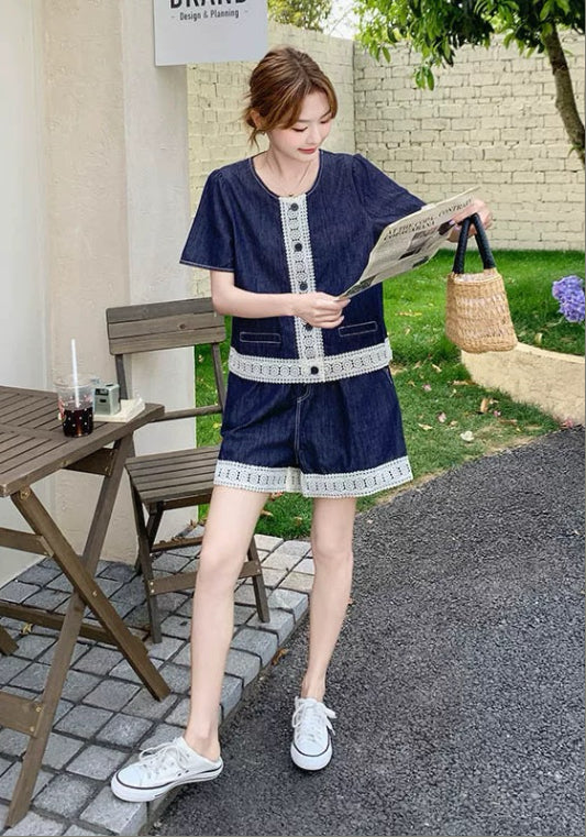 牛仔蕾絲邊套裝