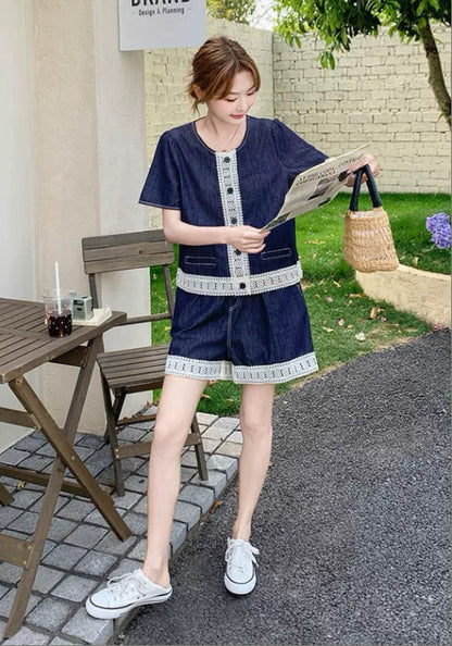 牛仔蕾絲邊套裝