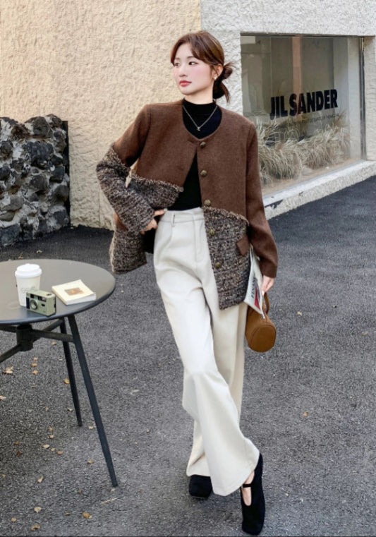 棕色小香風拼接外套