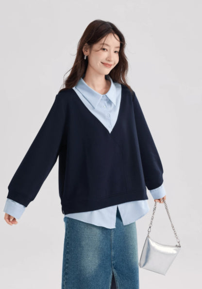 Dark blue faux two-piece top