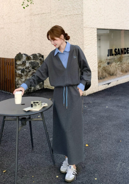 Faux two-piece V-neck suit