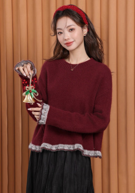紅色蕾絲邊毛衣