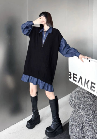黑藍拼接裙