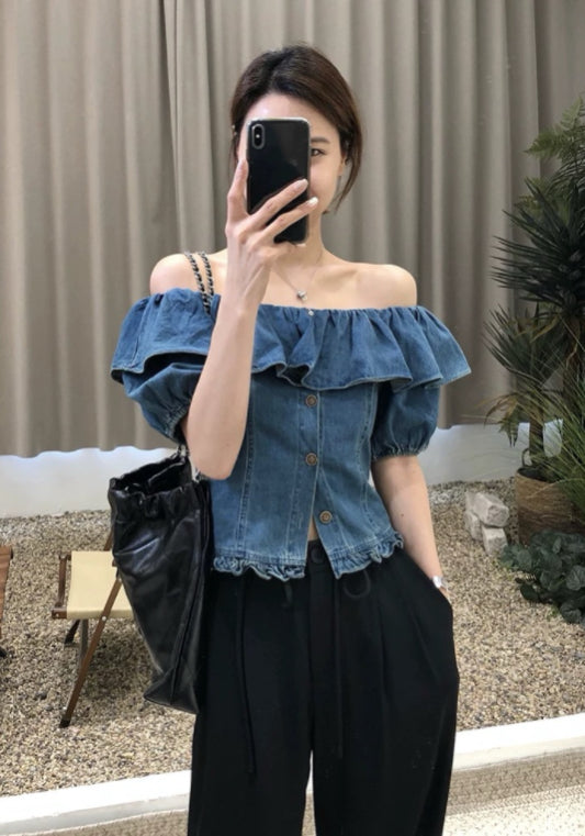 牛仔露肩上衣