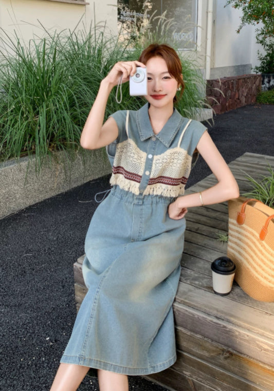 牛仔背心拼接裙