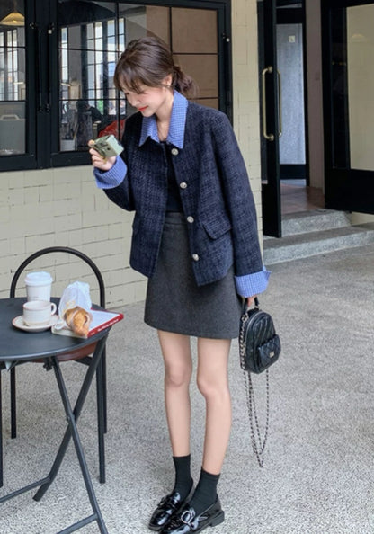 深藍格領小香風外套