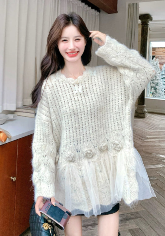 立體花網紗拼接毛衣