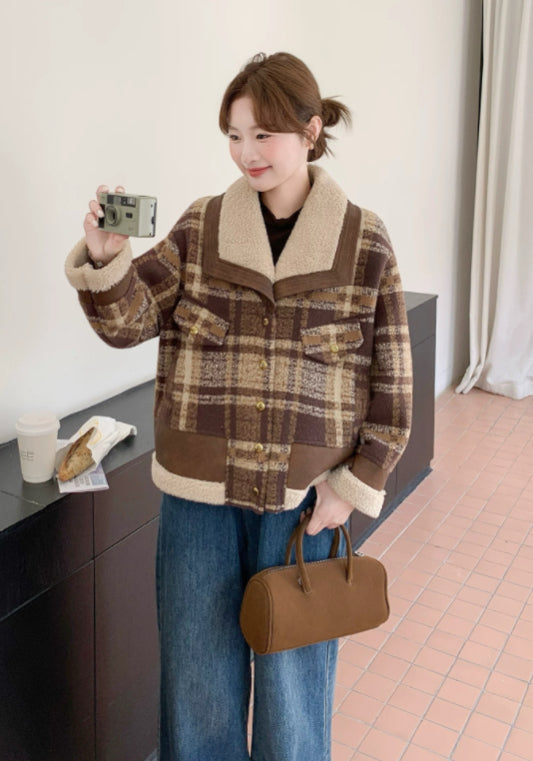 Retro plaid shearling coat