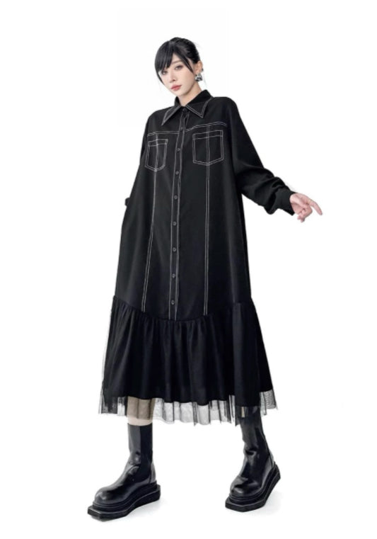 線條網紗拼接黑裙