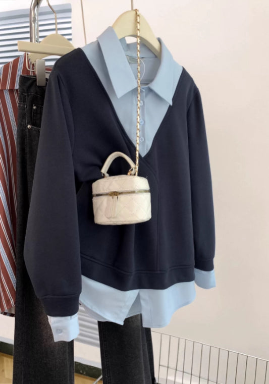 Dark blue faux two-piece top