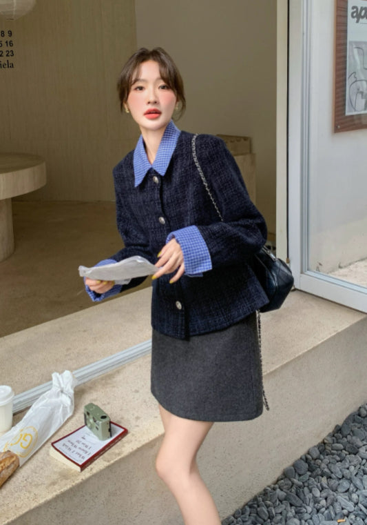 深藍格領小香風外套