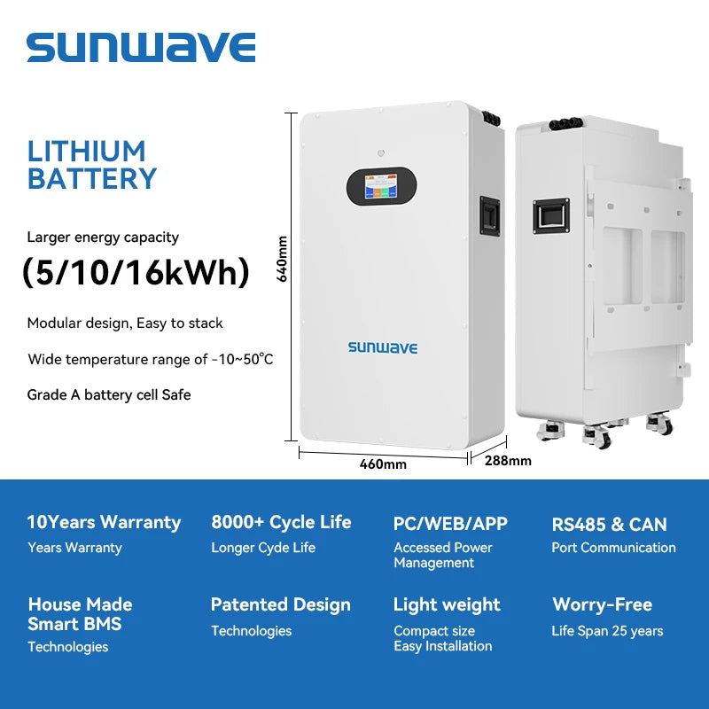 Sunwave Deep Cycle 8000 51.2V 314Ah 16kWh LiFePO4 Battery Home Energy Storage Powerwall LFP Battery with WiFi