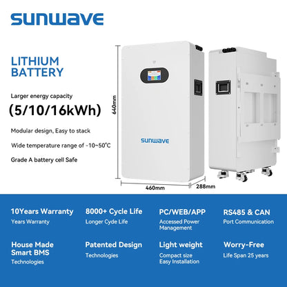 Sunwave Deep Cycle 8000 51.2V 314Ah 16kWh LiFePO4 Battery Home Energy Storage Powerwall LFP Battery with WiFi