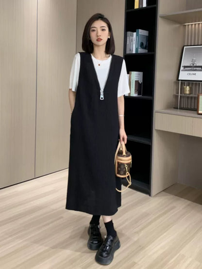 大尺码通勤百搭V领抱婴袋裙两件套女2026夏季微胖MM宽松显瘦短袖套装