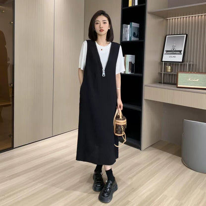 大尺码通勤百搭V领抱婴袋裙两件套女2026夏季微胖MM宽松显瘦短袖套装