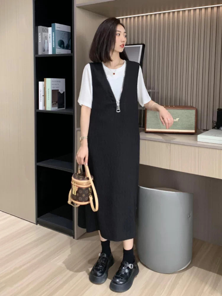 大尺码通勤百搭V领抱婴袋裙两件套女2026夏季微胖MM宽松显瘦短袖套装