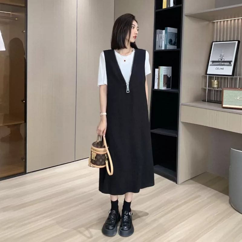 大尺码通勤百搭V领抱婴袋裙两件套女2026夏季微胖MM宽松显瘦短袖套装