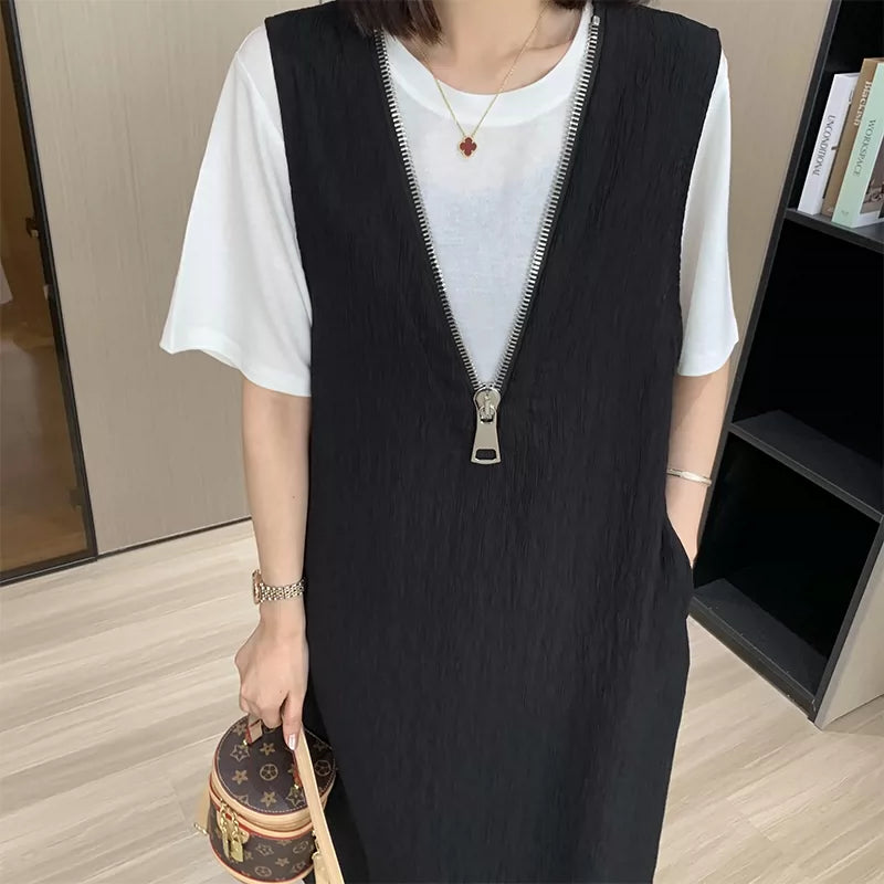 大尺码通勤百搭V领抱婴袋裙两件套女2026夏季微胖MM宽松显瘦短袖套装