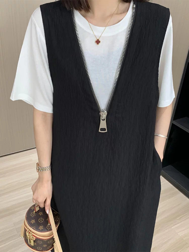大尺码通勤百搭V领抱婴袋裙两件套女2026夏季微胖MM宽松显瘦短袖套装