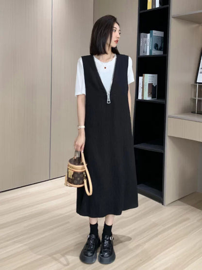 大尺码通勤百搭V领抱婴袋裙两件套女2026夏季微胖MM宽松显瘦短袖套装