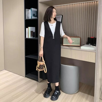 大尺码通勤百搭V领抱婴袋裙两件套女2026夏季微胖MM宽松显瘦短袖套装